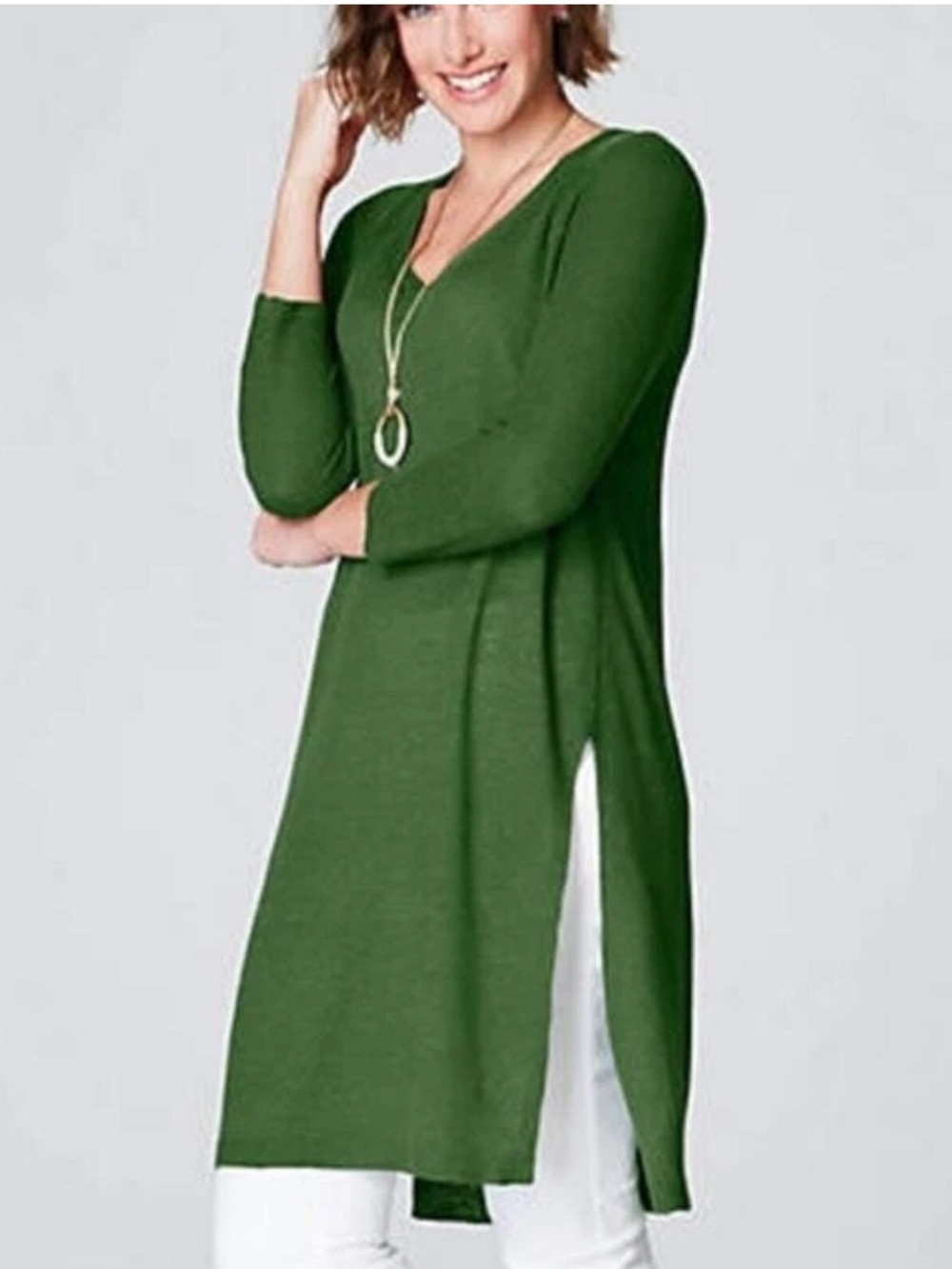 J Jill Kelly Green Sweater SZ Lg w MEASUREMENTS V-Neck Tunic Length Linen Blend